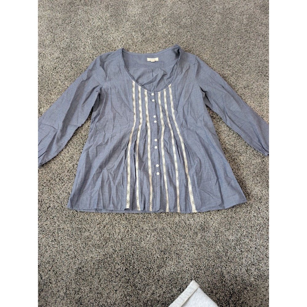 Aerie Blue Cotton Lace Panel Button Front Long Sleeve Boho Top M 6709196A24‎